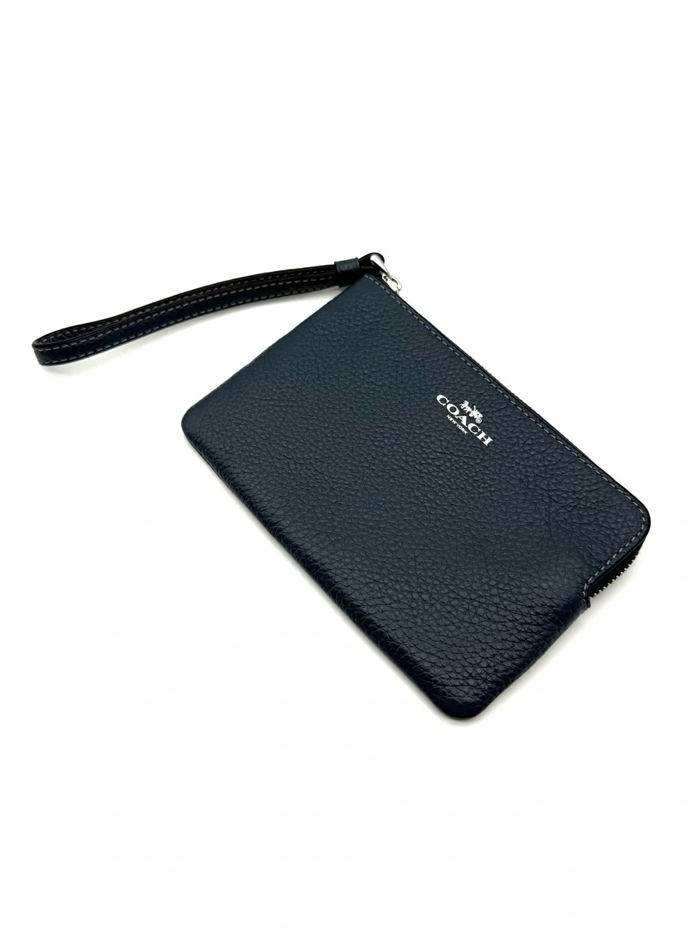 Coach Pebble Leather Corner Zip Wristlet Navy Blue and Silver
